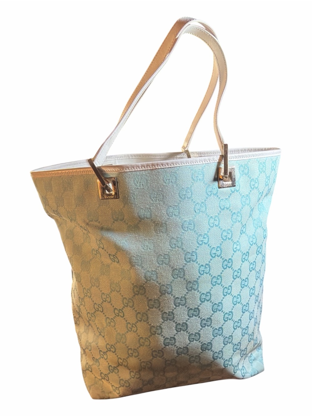 Gucci Vintage Light Blue GG Canvas Tote Bag White Leather Trim Rare Colorway